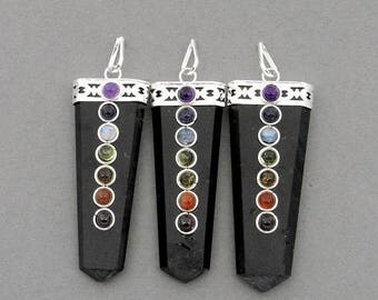 15% off Xmas in July Black Tourmaline Chakra Point Pendant -- Black Tourmaline Chakra Point Pendant with Silver Plated Bezel Cap and Bail (S