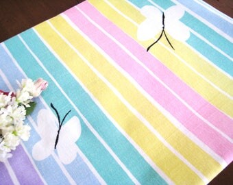 Vintage 1970's Vera Tablecloth, Bright Pastel Stripes, White Butterflies, Cotton, Large 60" x 78"