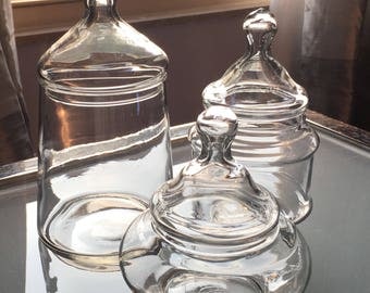 Set of Three Vintage Glass Apothecary / Terrarium Jars with Lids / Instant Collection