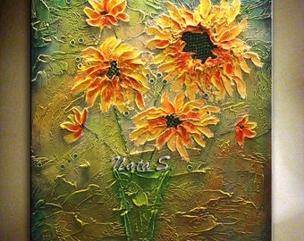 SUNFLOWER Painting, Original Abstract Textured Artwork, Bouquet Painting, Home Office Decor, Contemporary Wall Art, Large Artwork by Nata S.