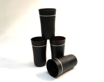Vintage Black Glass Cordials, Shot Glasses, set of 4
