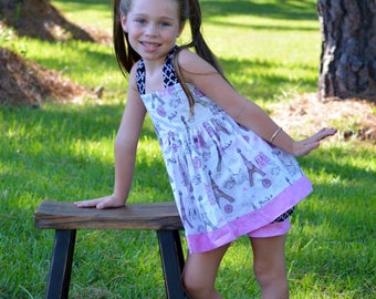 Girls Paris Outfit, Swing Top, Bubble Shorts, Piggie Bows, Summer Outfit, Paris, Eiffel Tower