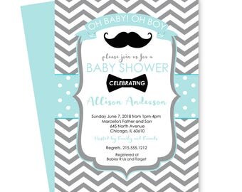 Dapper Bow Tie Baby Shower Invitations Boys - Mint and Grey - Chevron Striped - Guest Announcement - Retro Party Ideas - Plan a Celebration
