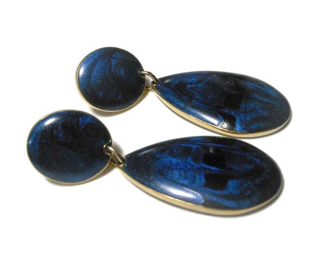 Edgar Berebi earrings 1980s, midnight blue black swirl studs, enamel gold frame, epoxy marbling pierced, teardrop dangling from button