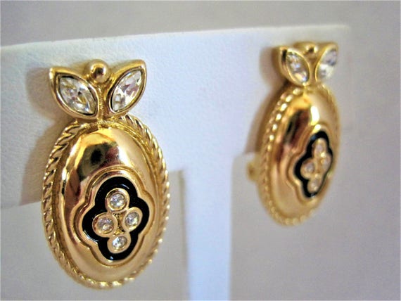 Burberrys Signed Earrings - Rhinestone Centers - Black Gold Settings - Traditional Classics - Couture Earrings