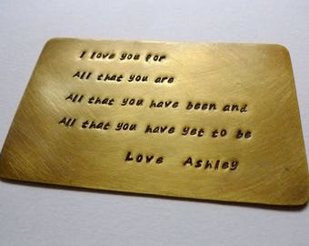 Metal Wallet Insert, Custom Wallet Insert, Personalized Wallet Card, Engraved Wallet Card, Wedding Vow Card, Anniversary, Stamped Love Note