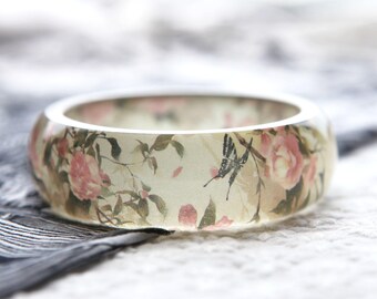 Resin bangle with embedded vintage style floral art