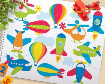 Airplanes Clipart - Up In The Air, aviation, helicopter, hot air balloon, rocket, space ship, commercial use, Vector Clipart, SVG Cut Files