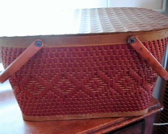 Vintage Redman picnic basket metal handles wood base storage basket vintage storage wood and wicker