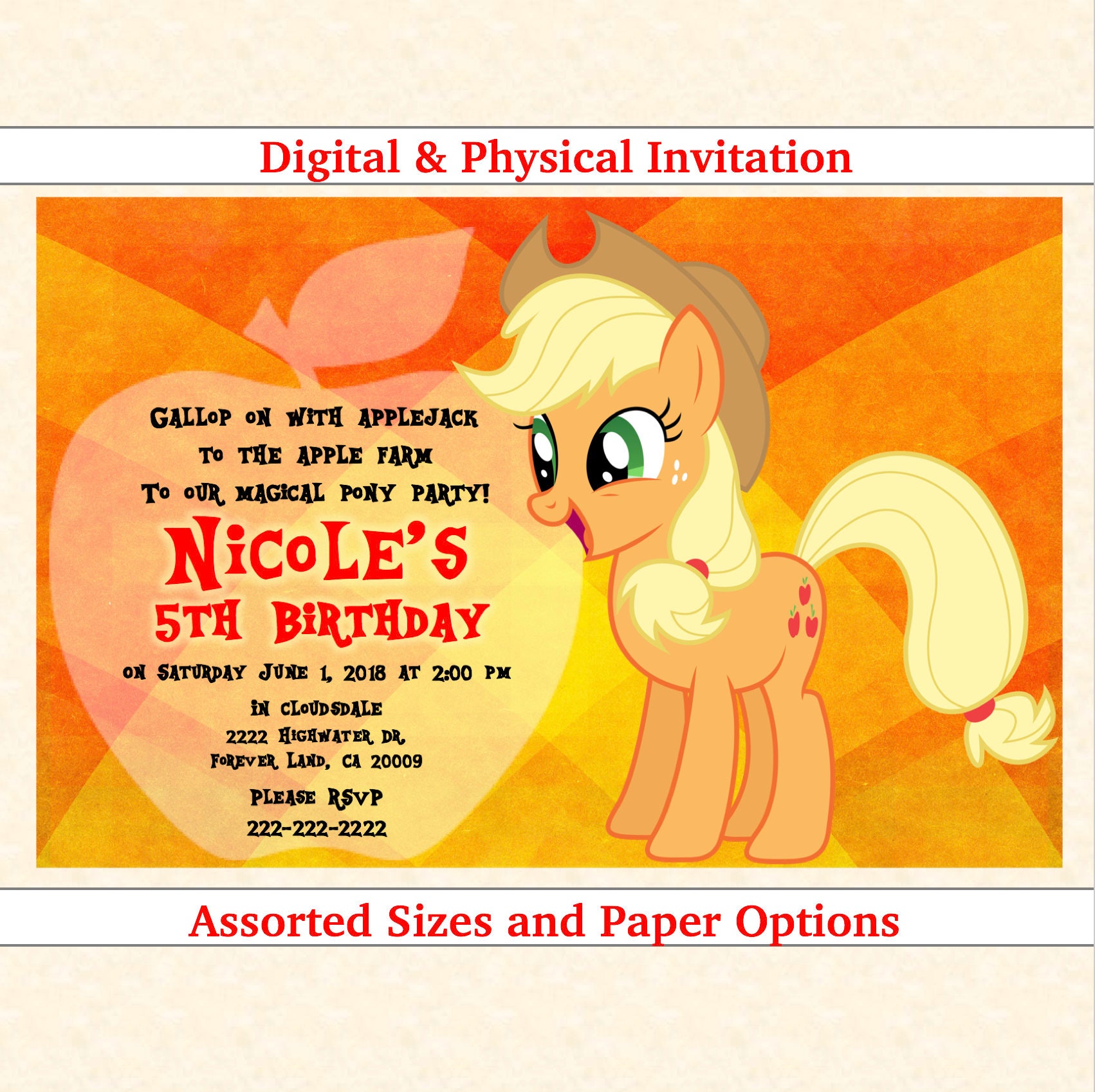My Little Pony MLP Applejack Invitation Personalized Multi