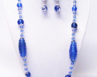 Mixed Blues Glass Bead Necklace & Earrings Set