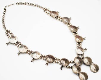 Squash Blossom Necklace - Nickel Coin - Native American Silver tone metal - Statement bib Necklace