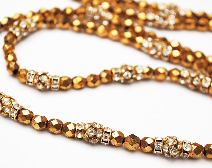 Gold glass and Rhinestone bead necklace - glamour golden silver bling - 46 inch long Flapper necklace