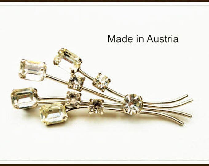 Austria Rhinestone Brooch - Flower Spray - Ice Crystal Stone -Mid Century Pin