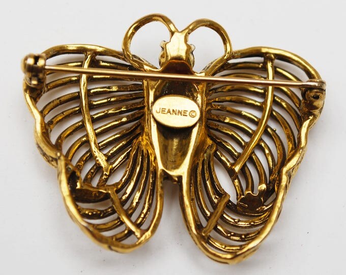 Gold Butterfly Brooch _ Signed Jeanne - Goldtone with green rhinestone - Designer signed - 1960s