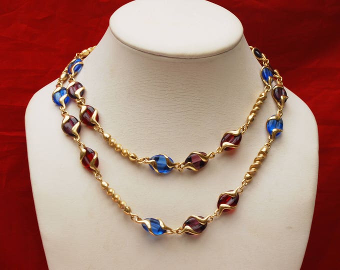 Swarovrski - Colorful Crystal Link Necklace - Twisted gold links - Purple Red and Blue crystal - Swan signed - 32 inches