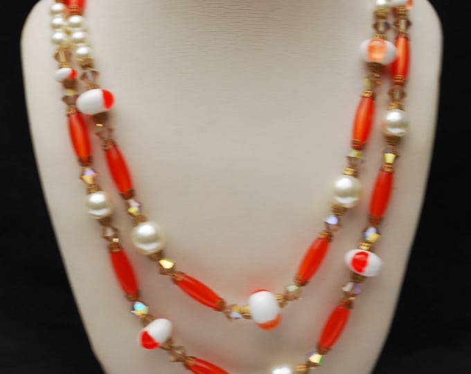 orange white bead necklace earring set - Lucite plastic - crystal glass - pearls - Mid century