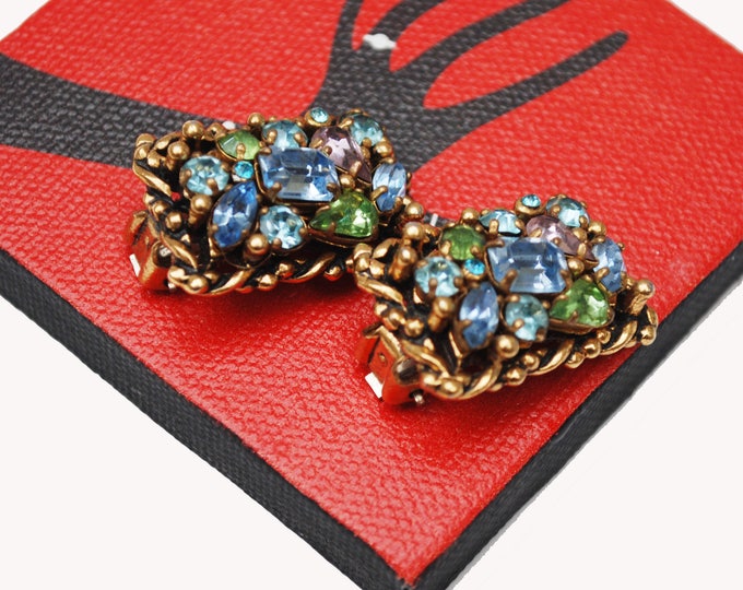 Rhinestone Earrings - Signed Barclay - Multi color - Blue Purple and green - gold rectangle - Jewel of the India - clip on earrings