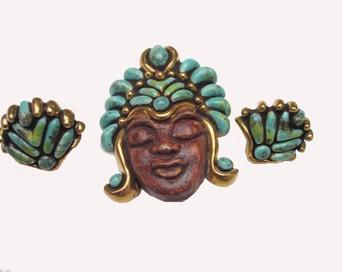 Tribal face brooch and earring set - Boho - Turquoise brown Ceramic pin and screw back earrings