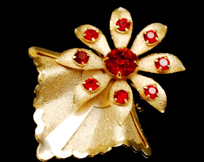 Flower Brooch - Red Rhinestone - gold floral pin - Mid Century - Atomic