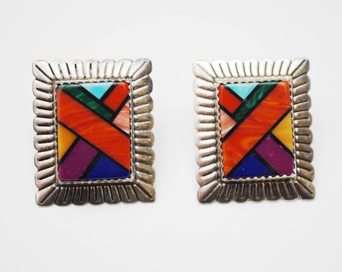 Sterling Zuni Earrings - Signed QT - Coral Turquoise Gemstone inlay - southwestern -Rectangle pierced earrings