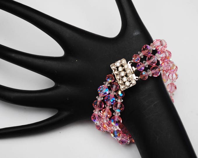 Pink Crystal Bead Bracelet - Multi strand - Clear Rhinestone Clasp - Vintage facet cut glass Beads