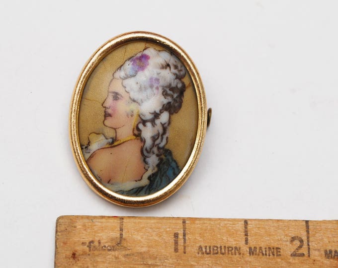 Hand Painted Porcelain Brooch - Limoge FRance Signed - Cameo Women Profile- Gold Frame - Antique Victorian - trombone Clasp pin