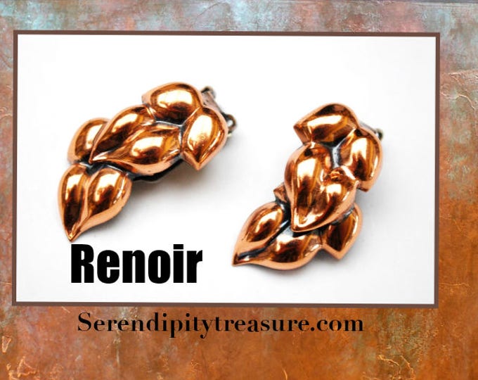 Copper Leaf Earrings - Signed Renoir clip on earrings - Mid Century - Swirl leaves