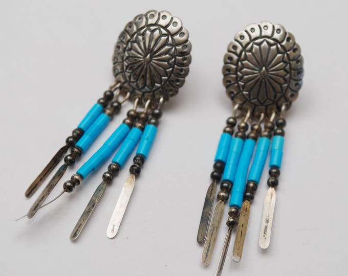 Sterling Concha Dangle earrings - Signed Sterling - dangle turquoise bead - southwestern - tribal Etched silver pierced earring