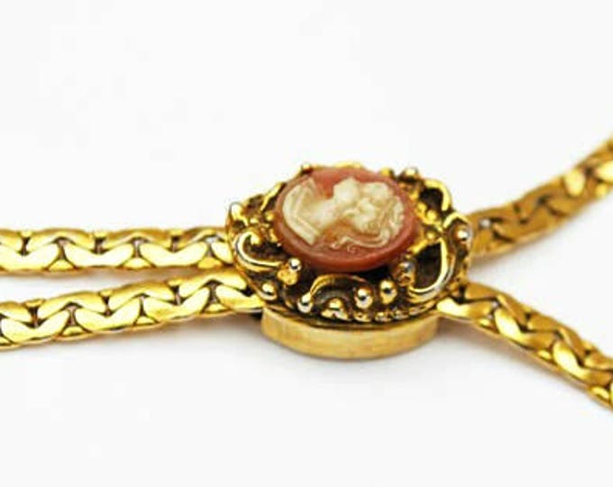 Goldette Ajustable Slider Cameo necklace - gold chain - Victorian Revival Tassel bolo tie necklace