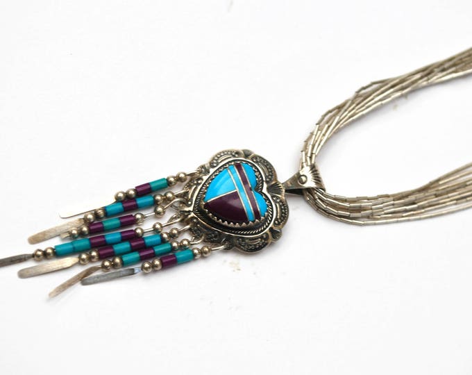 Sterling heart Inlay Necklace - Liquid silver multi strand -Turquoise - purple gemstone - silvependant - Southwestern -