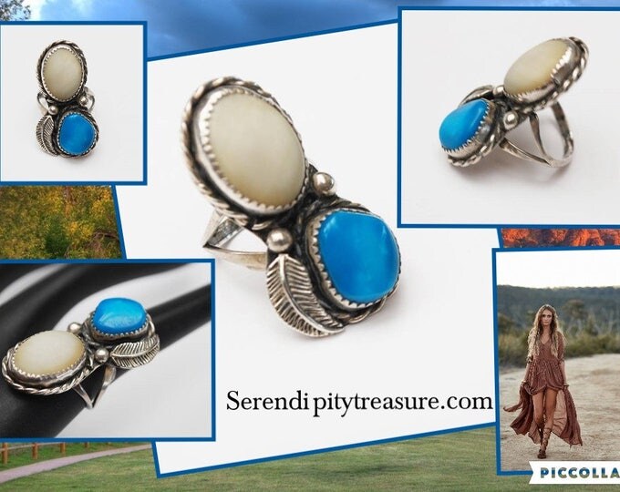Sterling Ring - size 8 - Turquoise blue gemstone-White chacedony gemstone- silverleaf native American - Old Pawn southwestern