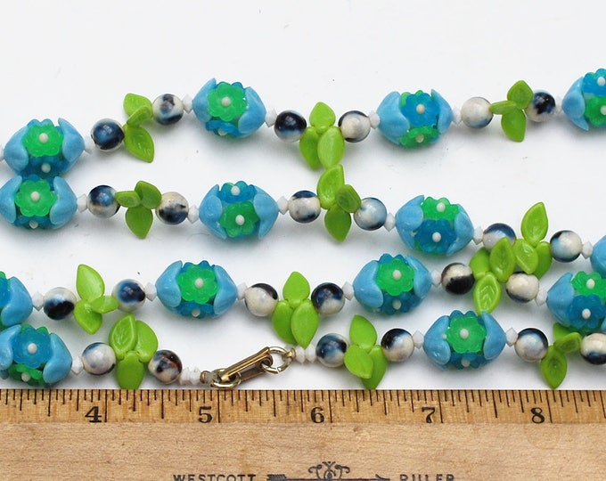 Vintage Green Blue flower necklace - Lucite plastic beads - signed Empire - long opera length necklace 50 inches