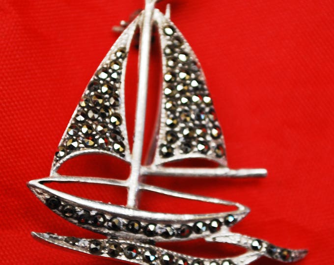 Sterling Sail boat Brooch - Marcasite - Silver Boat - Nautical