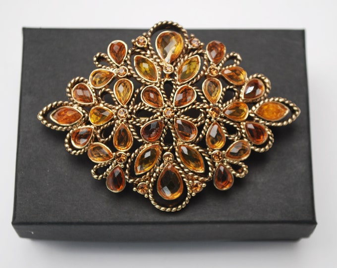 Monet Amber rhinestone Brooch - Yellow orange Lucite - gold - Mid Century - signed jewelry Pin