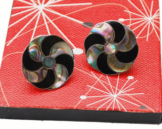 Sterling Onyx Abalone Earrings - Mexico - 925 Silver - Shell inlay - screw back earring