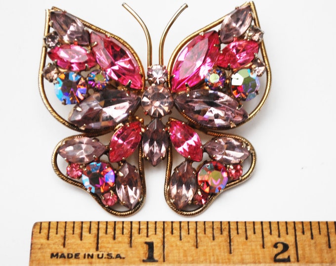 Pink Butterfly Brooch - Rhinestone -light and dark Pink crystal - Gold metal - flying insect Pin