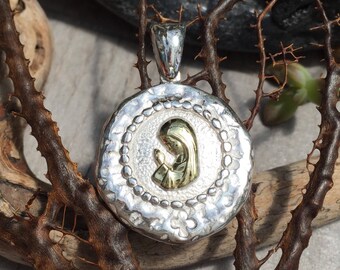 Young Virgin Mary medal. Sterling silver and 18k goldfield.