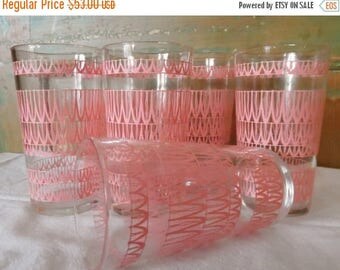 ON SALE Vintage, Pink, Mid Century Modern, Glasses, Cocktail, Bar, Barware, Glassware, Tumblers, Pink Swag Stripes, Set of Six