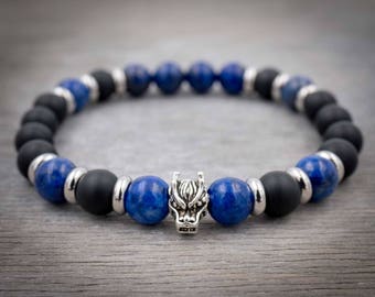 Dragon bracelet Mens bracelet mala Black onyx, Sterling silver dragon head & lapis lazuli mala bracelet Mens spiritual bracelet Gift for him
