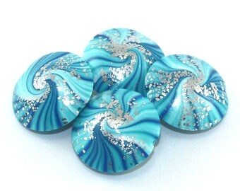Beads for jewelry making, unique focal beads, polymer clay beads, swirl lentil beads in blue, turquoise and white, 4 elegant beads