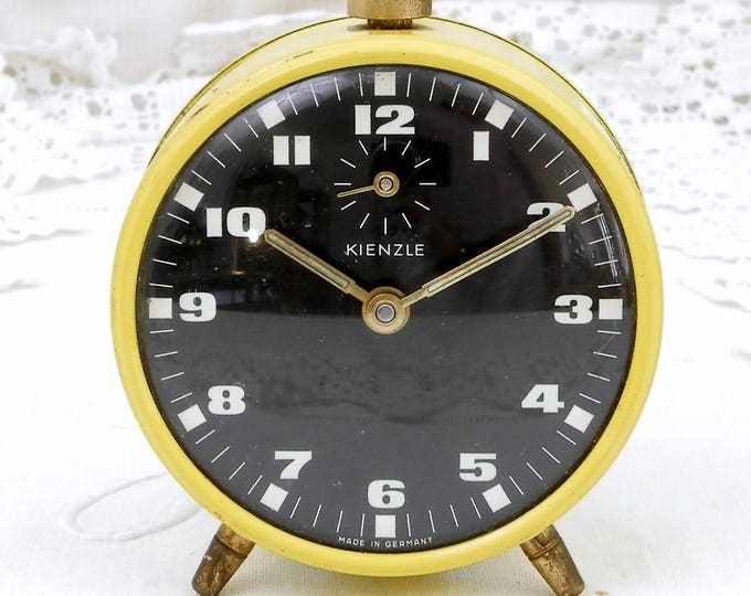 Working Vintage Mid Century Yellow and Black Mechanical Wind-Up Alarm Clock Made in Germany by Kienzle, Retro 1960s Bed Side Clock