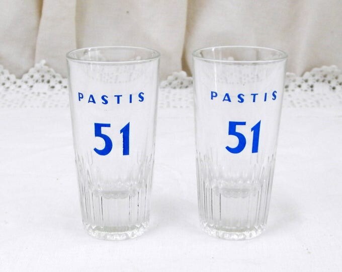 Set 2 Small Vintage French Pastis 51 Glasses, Retro French Cote D'Azur Bistro Decor, Pair Anisette Aperitif Momie or Momiette Glasses