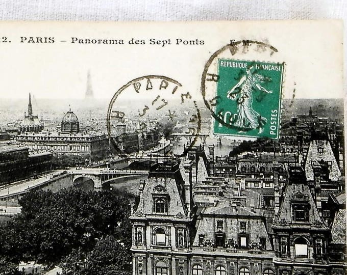 Antique French Postcard, Panoramic view of Paris and the Eiffel Tower Posted in 1923, Vintage French Retro Home Interior Decor, Parisian