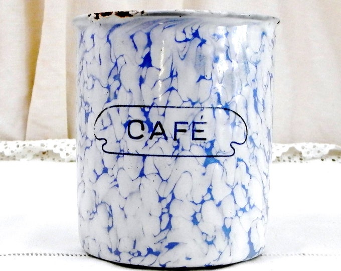 2 Antique French Chippy White and Blue Marbled Enamel Coffee and Chicoree Canisters, French Country Kitchen Enamelware Decor, Desk Tidy
