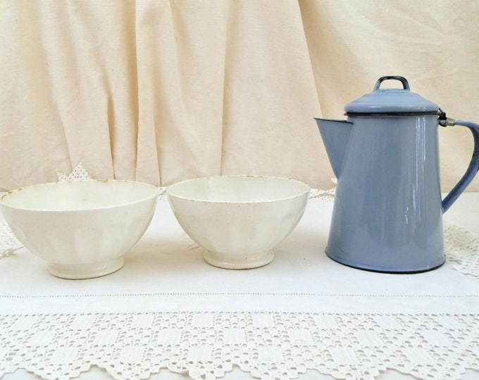 2 Antique Large White Coffee Bowls with Scalloped Sides from France, French Farmhouse Ceramic Café au Lait Bowls, Country Latte Bowl
