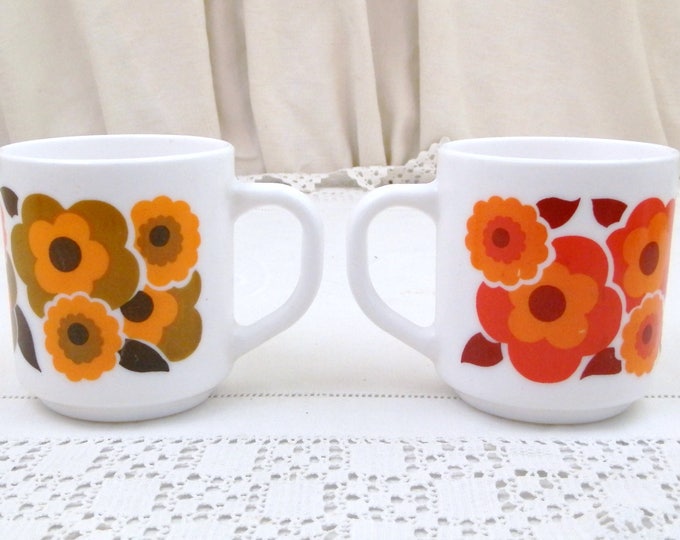 2 Vintage Arcopal Mid Century French White Milk Glass with Orange, Red and Green Retro Flower Pattern Coffee Mugs, Pair 1960s / 1970s Cups