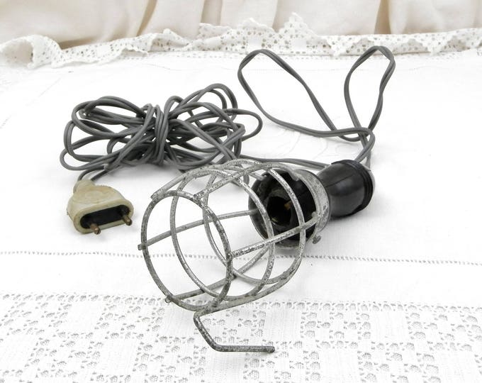 Small Vintage Mid Century Industrial Workshop Caged Hand Lamp, Retro 1950s Portable Inspection Light with Bakelite Handle and Metal Cage