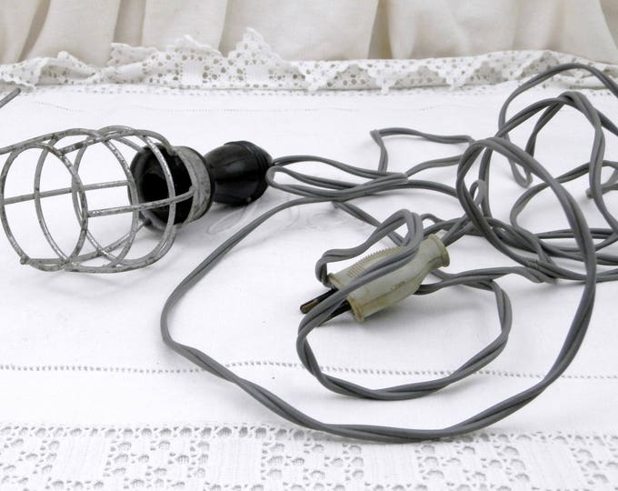 Small Vintage Mid Century Industrial Workshop Caged Hand Lamp, Retro 1950s Portable Inspection Light with Bakelite Handle and Metal Cage