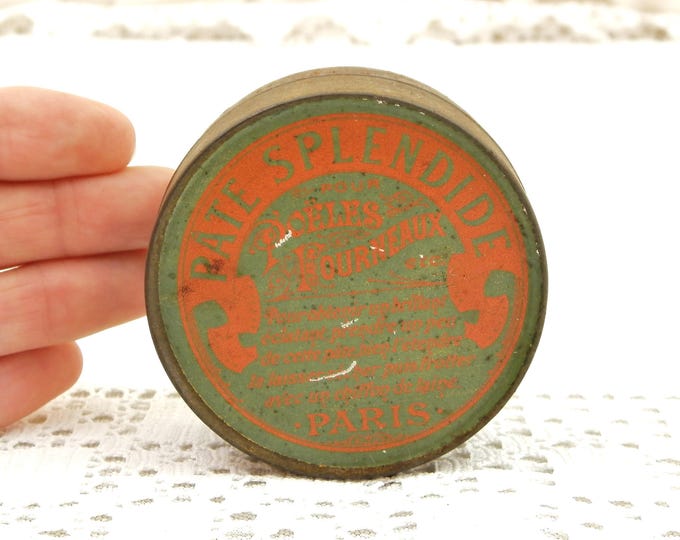 Antique French Metal Tin with Belle Epoque Graphics in Orange and Green Range Paste "Pate Splendide" from Paris, Polish Box from France